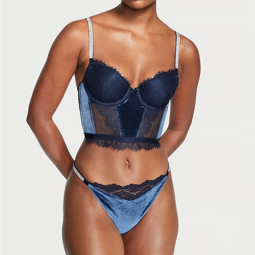Victorias Secret ANGELS Lace & Velvet Shine Strap Rhinestone V-String thong navy - Picture 6 of 11